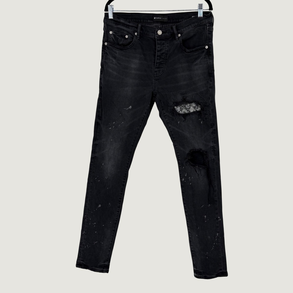 Purple Brand P001 Slim Fit Low‎ Rise Distressed Paisley Patch Black Jeans Mens